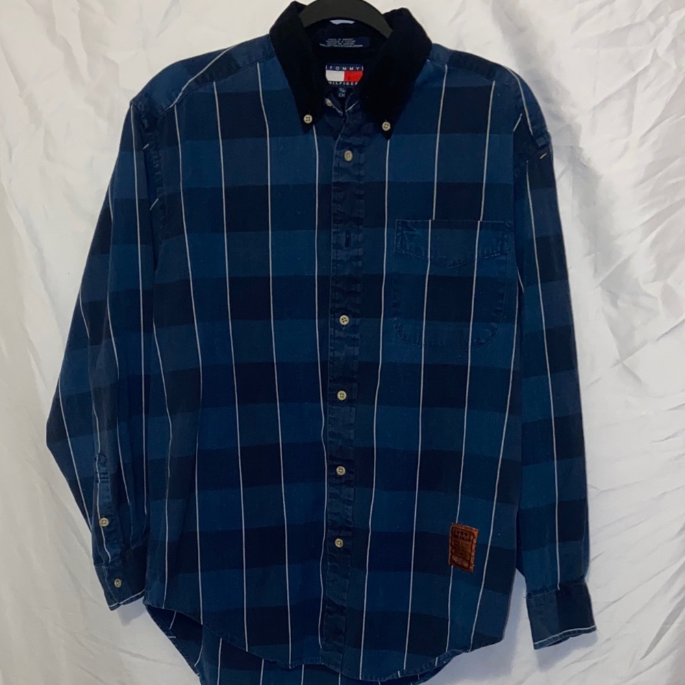 Long Sleeve Plaid Button Down Shirt W/ Breast Pocket- Blue, Black